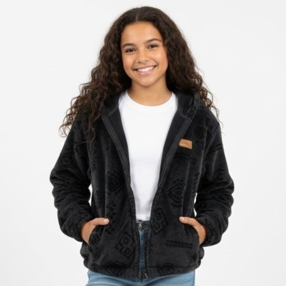 Hurley Girls L 12-13 yrs Black Geometric Velour Hoodie Zip Up Aztec Southwestern